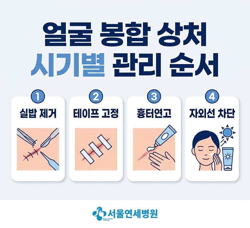 얼굴 봉합 상처 시기별 관리 순서 — 실밥 제거, 테이프 고정, 흉터연고, 자외선 차단