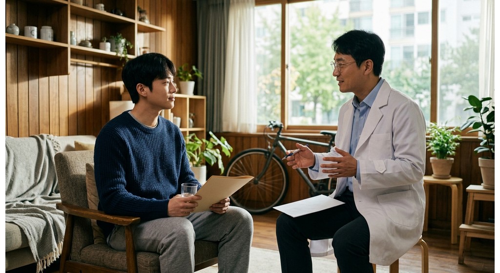 수술 후 주의사항을 들으며 코 부위를 보호하는 한국인 환자의 모습