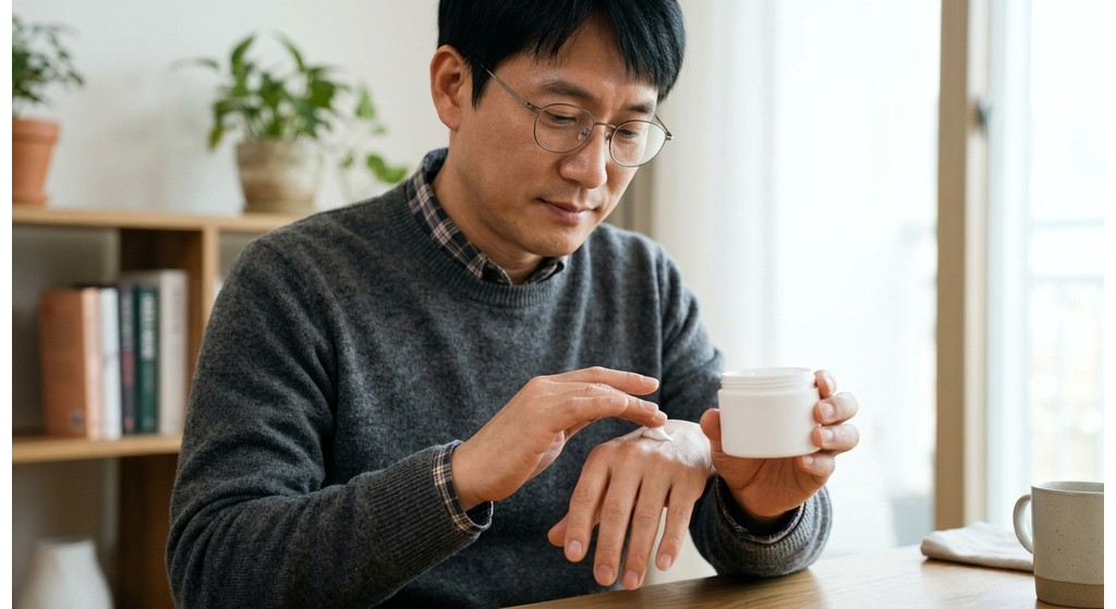 얼굴 피부 상처 아문 후 연고 도포를 준비하는 모습
