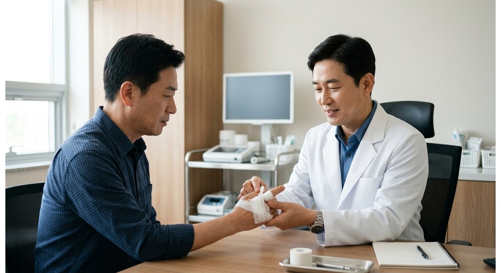 수지접합 수술 후 회복 중인 손가락 혈관 상태를 신중하게 진찰하는 한국인 의사의 모습