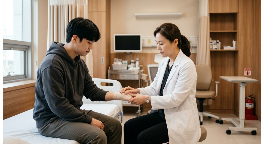 수부외과 응급실에서 의료진이 손 상태를 진찰하는 모습