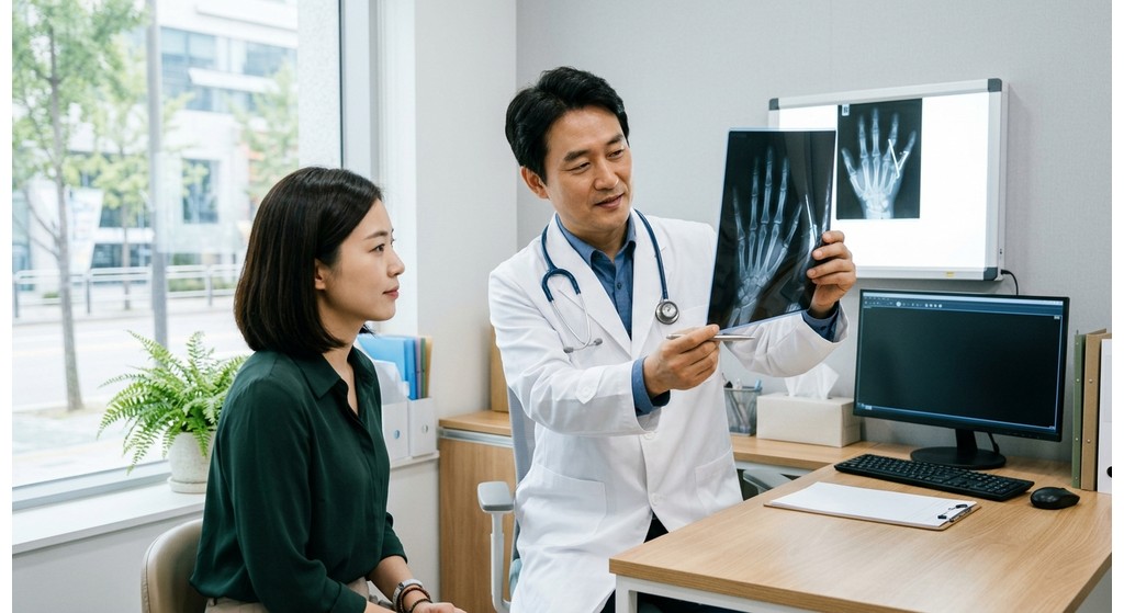 손가락 X-ray 정밀 검사를 통해 뼈 유합 상태를 확인하는 과정
