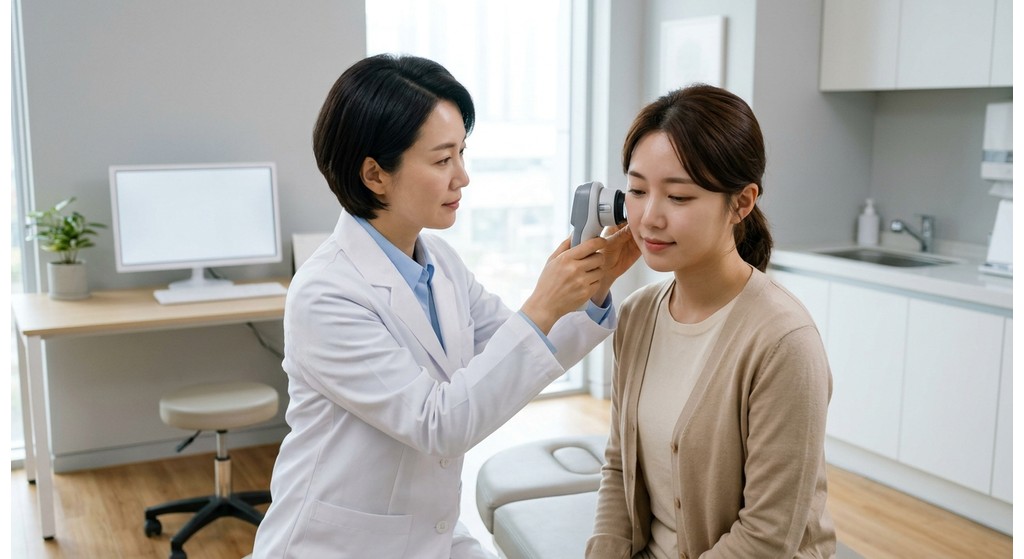 피부 진단 장비로 얼굴 피부 상태와 색소 분포를 정밀하게 측정하는 모습