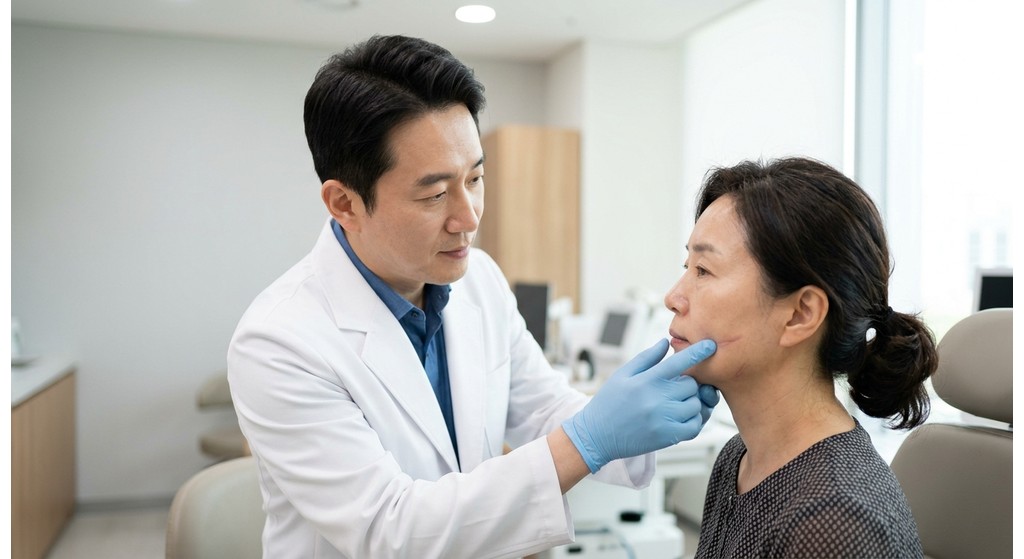 얼굴 상처 치료 후 조심스럽게 상처 부위를 살피고 관리를 안내하는 한국인 의사의 모습