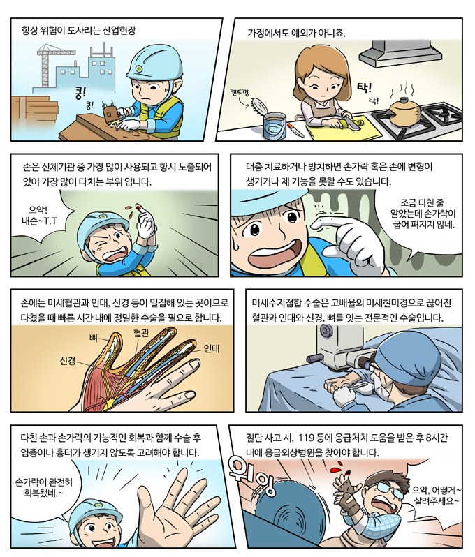 손 외상이 생기는 상황과 미세수지접합 수술 과정을 단계별로 설명한 만화